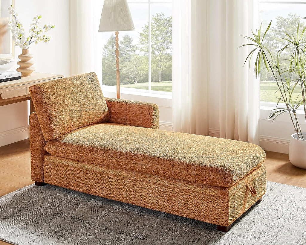 VANOMi Oversized 70.47'' Chaise Lounge Chair Indoor with Storage Space, Modern Upholstered Sofa Bed with Thick Cushion and Left Armrest, Boucle Leisure Recliner for Living Room, Bedroom, Office, Curry