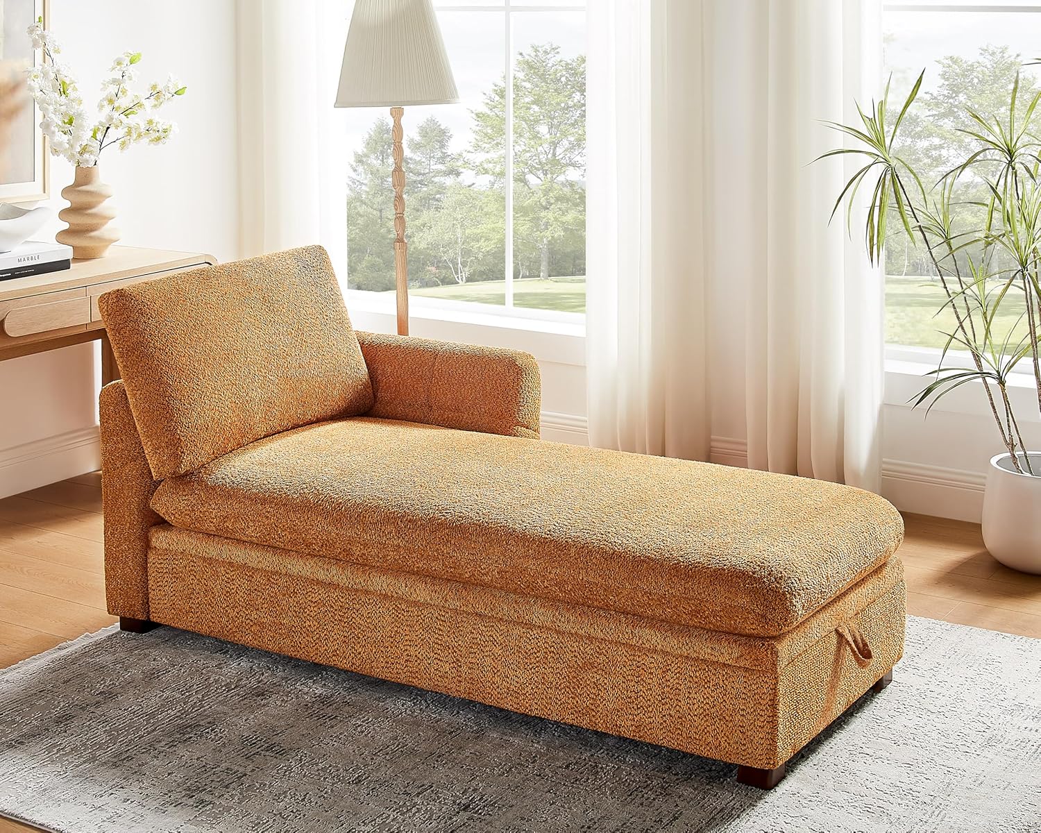 VANOMi Oversized 70.47'' Chaise Lounge Chair Indoor with Storage Space, Modern Upholstered Sofa Bed with Thick Cushion and Left Armrest, Boucle Leisure Recliner for Living Room, Bedroom, Office, Curry