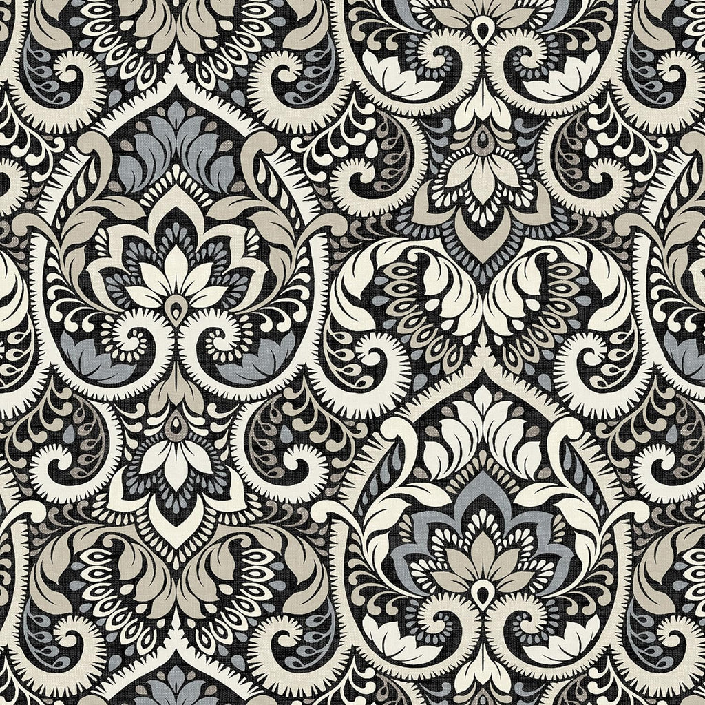 Arden Outdoor Midback Chair Cushion, 18 x 16.5, Rain-Proof, Fade Resistant Black Aurora Damask