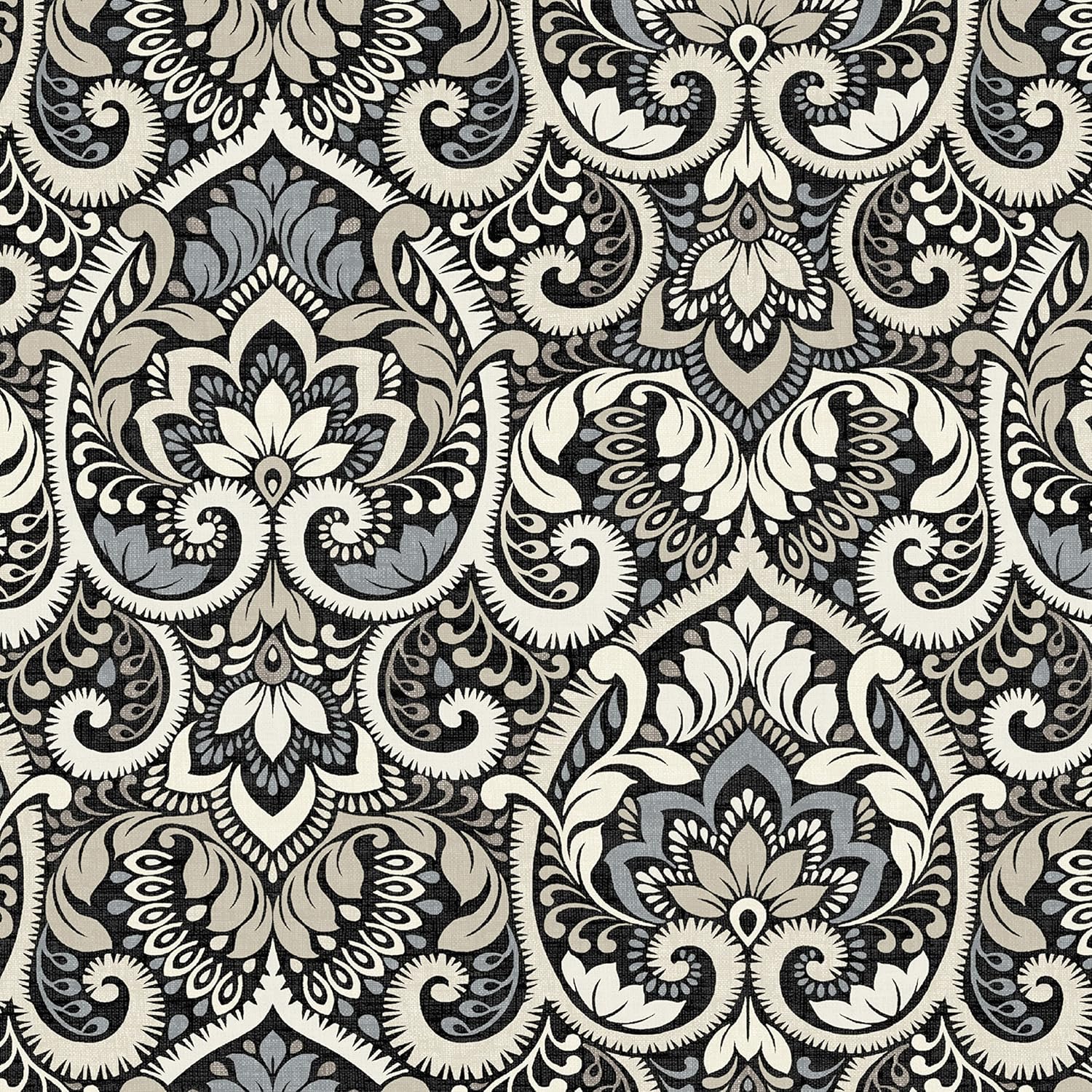 Arden Outdoor Midback Chair Cushion, 18 x 16.5, Rain-Proof, Fade Resistant Black Aurora Damask