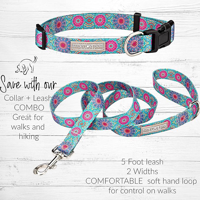 Lucky Love Dog, Boho Chic Matching Dog Collar and Leash Set, Vivid Pink and Turquoise Collar and Leash for Dogs, Soft, Adjustable, Safe for Training and Walking - (Medium, Clara Combo)