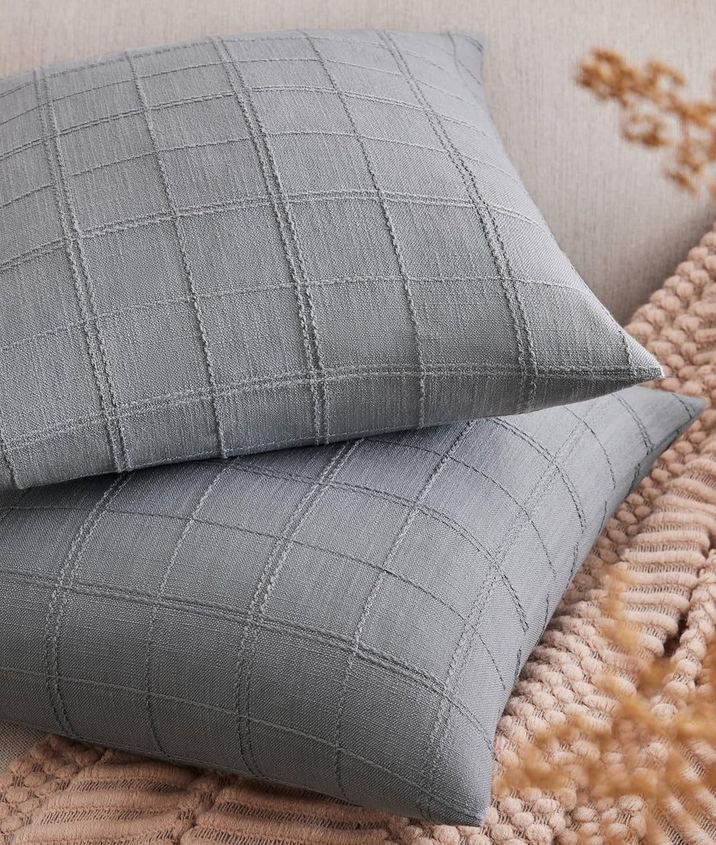 ZeeMart Linen Checked Throw Pillow Covers Set of 2, 22x22 Inch Allover Grid Blue Ashes, Farmhouse Decorative Double Sided Grid Embroidered Couch Pillow Cases Blue Cotton Linen Cushion Covers