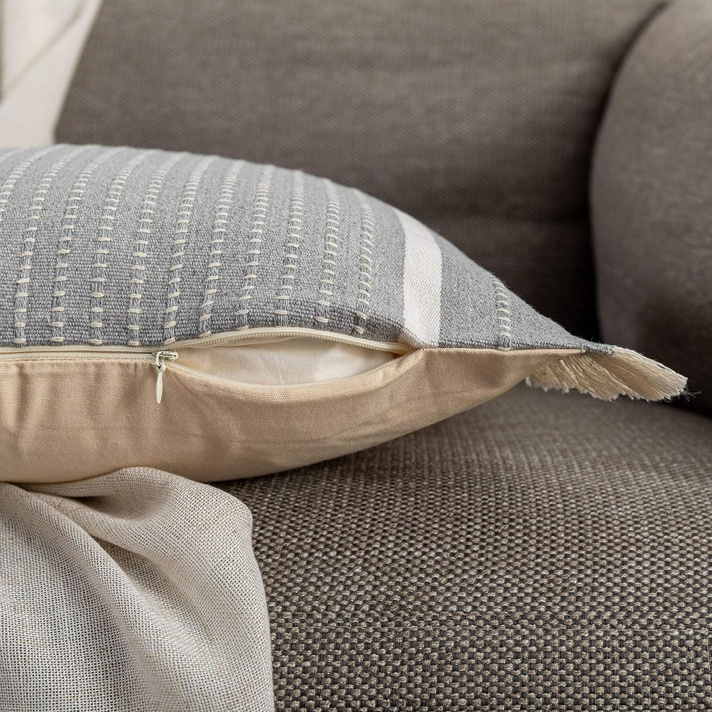 OJIA Modern Throw Pillow Cover with Tassels, Decorative Liana Fringe Accent Cushion Case, Farmhouse Woven Pillowcase for Sofa Chair Couch Bed Decor (Lumbar 18 x 18 Inches, Grey)