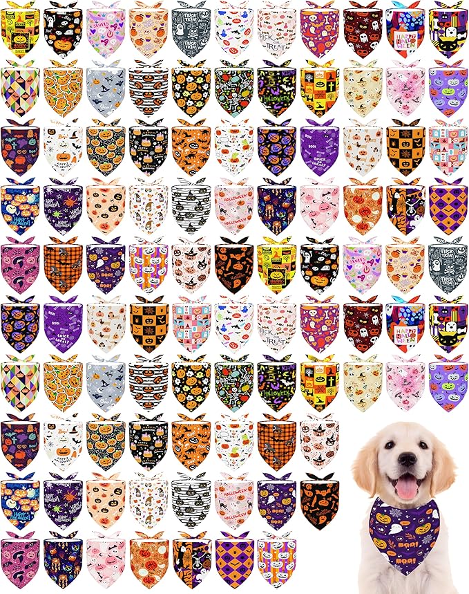 PET SHOW 100 Pack Halloween Small Dog Bandanas Bulk No Seam Pumpkin Ghost Triangle Bibs Scarves for Girl Boy Pets Adjustable Grooming Kerchiefs for Medium Dogs Costume Accessories(Medium)
