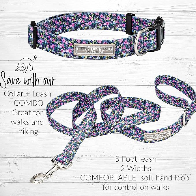 Lucky Love Dog, Matching Dog Collar & Leash Set for Female Dogs, Soft, Adjustable, Safe for Training and Walking, Black & Purple Floral Print, Primrose Combo, Small