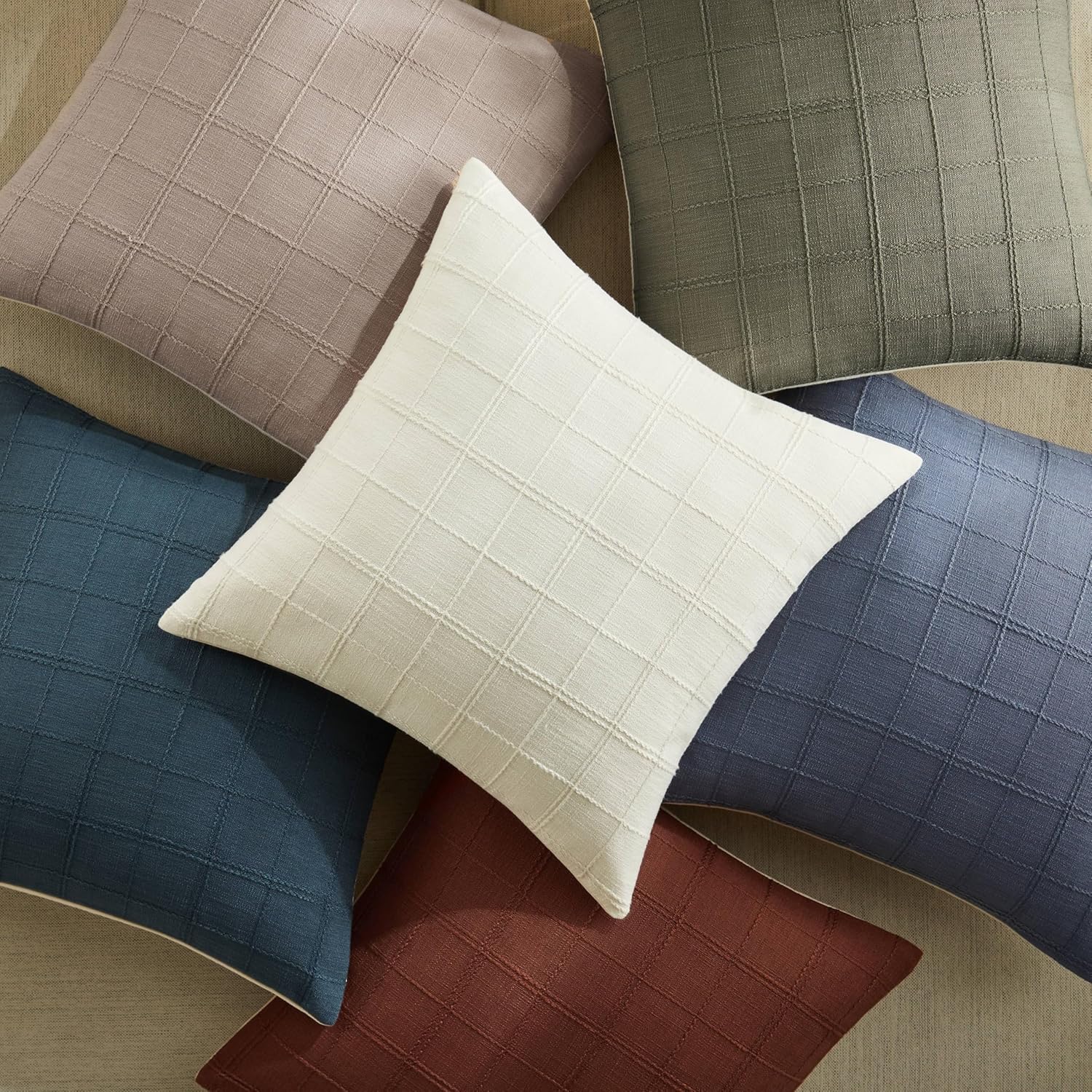 ZeeMart Linen Checked Throw Pillow Covers Set of 2, 24x24 Inch Navy/Cream, Farmhouse Decorative Single Sided Grid Embroidered Couch Pillow Cases Dark Blue Cotton Linen Cushion Covers