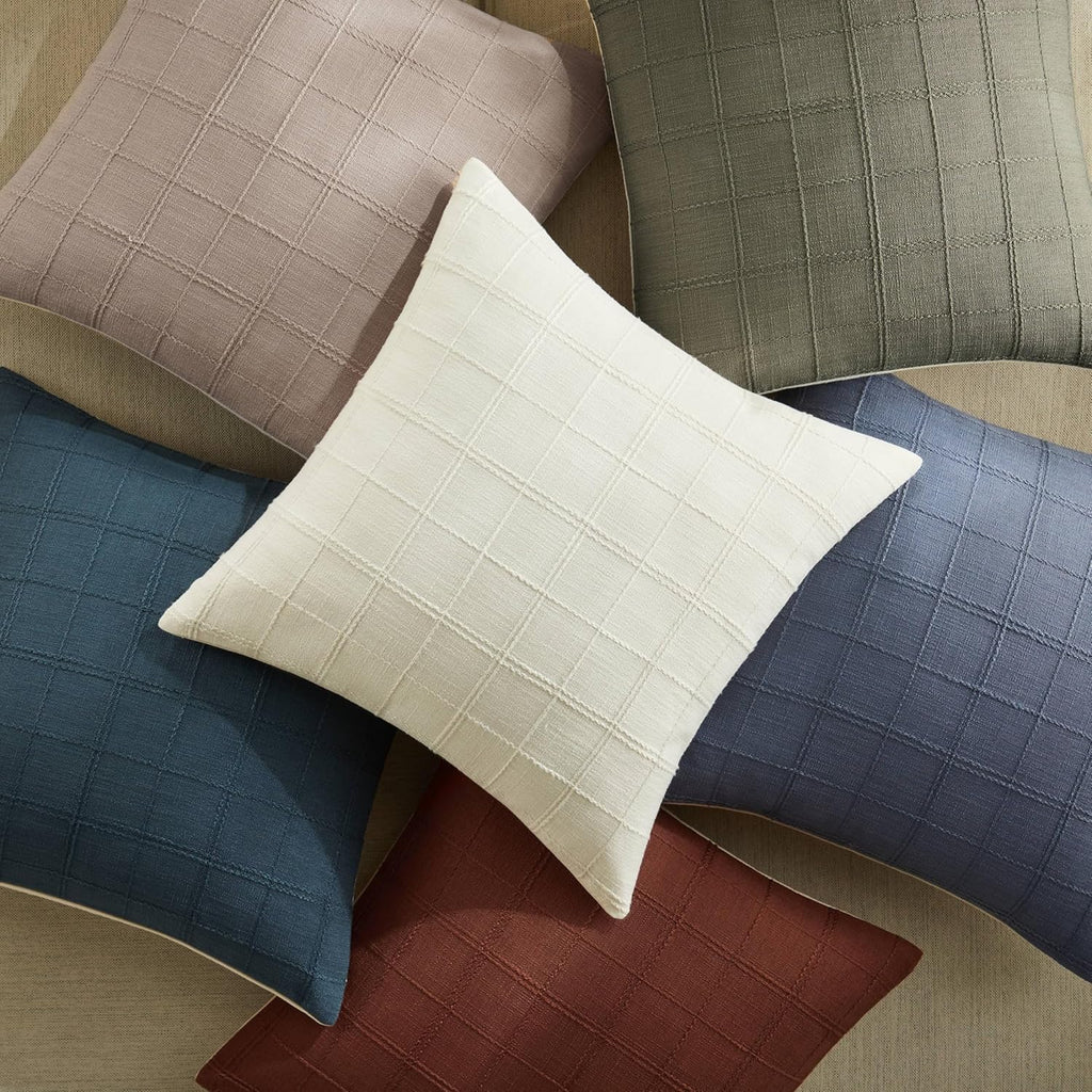 ZeeMart Linen Checked Throw Pillow Covers Set of 2, 18x18 Inch Blue/Cream, Farmhouse Decorative Single Sided Grid Embroidered Couch Pillow Cases Dusty Blue Cotton Linen Cushion Covers