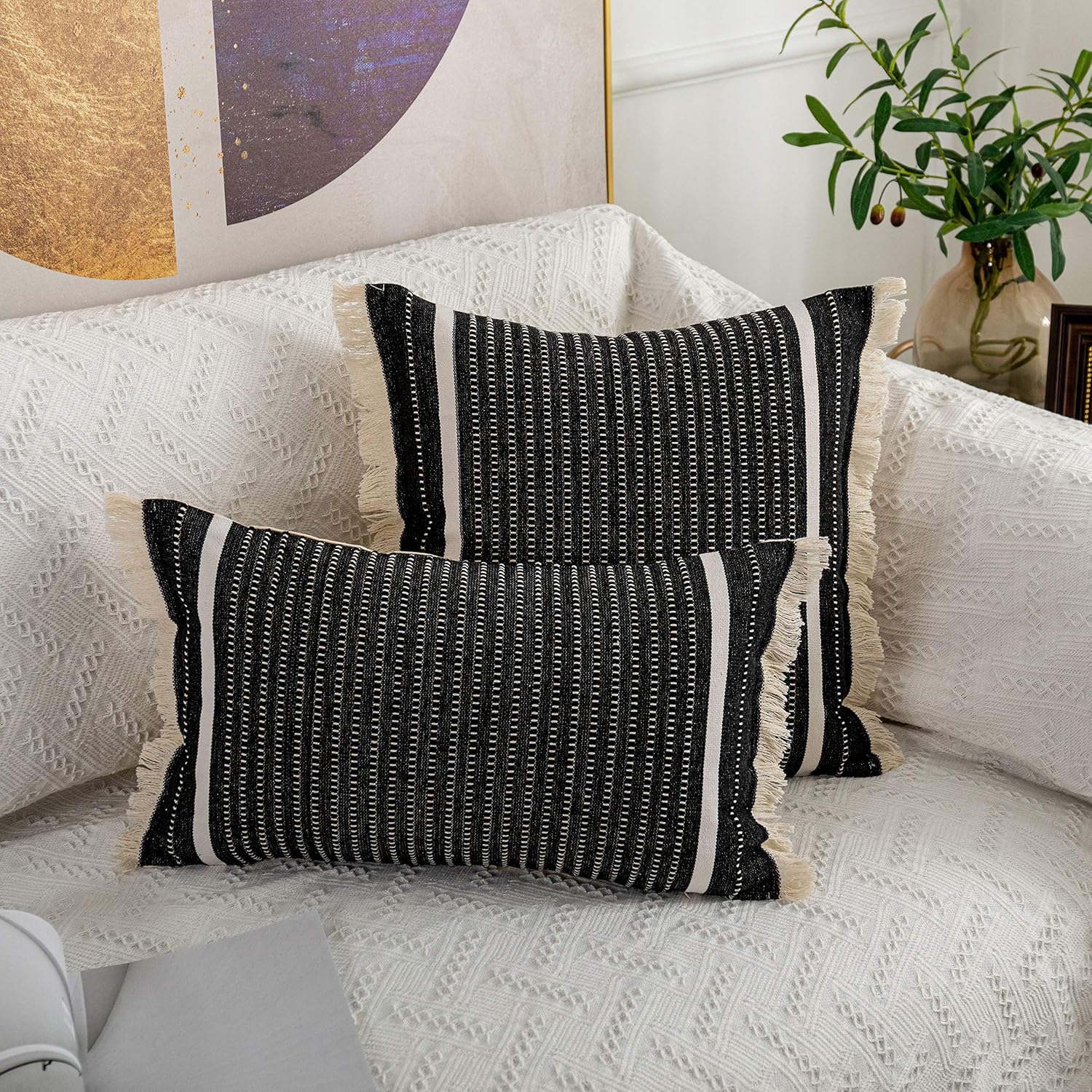 OJIA Modern Throw Pillow Cover with Tassels, Decorative Liana Fringe Accent Cushion Case, Farmhouse Woven Pillowcase for Sofa Chair Couch Bed Decor (Lumbar 20 x 20 Inches, Black)